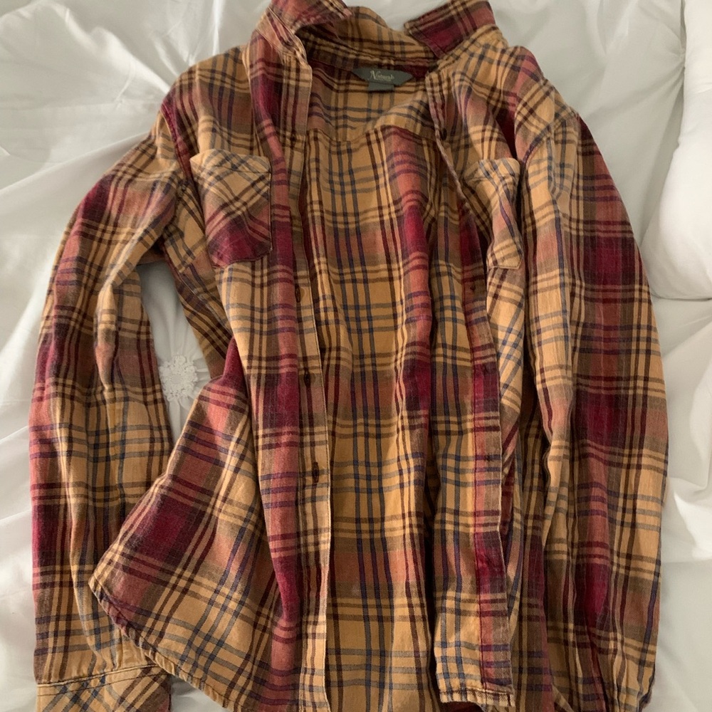 Red and Tan Casual Button Down Shirt with Plaid Design